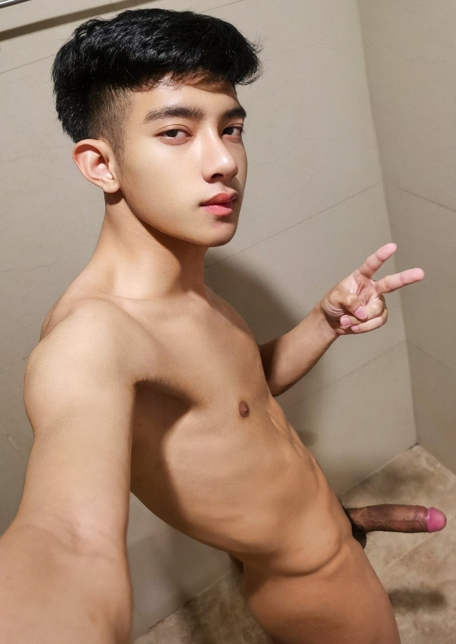 Asian boy with a boner
