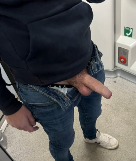 Uncut dick out of jeans